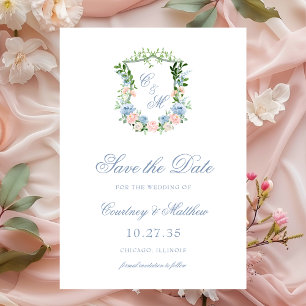 Dusty Blue Floral Crest Wedding Save The Date