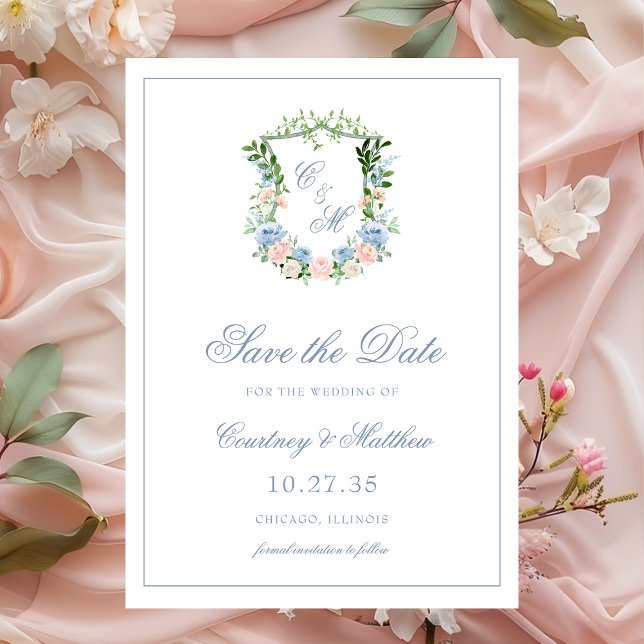 Dusty Blue Floral Crest Wedding Save The Date (Creator Uploaded)