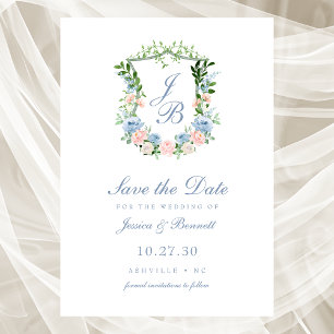 Dusty Blue Floral Crest Wedding Save The Date