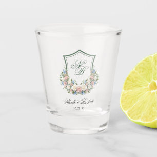Dusty Blue Floral Crest Wedding Shot Glass