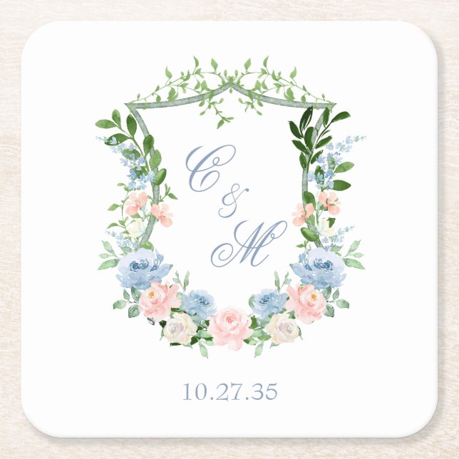 Dusty Blue Floral Crest Wedding Square Paper Coaster (Front)