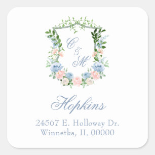 Dusty Blue Floral Crest Wedding Square Sticker