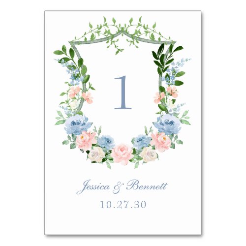 Dusty Blue Floral Crest Wedding Table Number