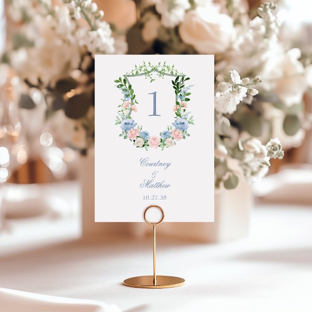 Dusty Blue Floral Crest Wedding Table Number (Creator Uploaded)