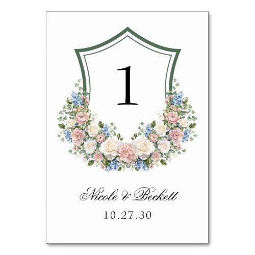 Dusty Blue Floral Crest Wedding Table Number