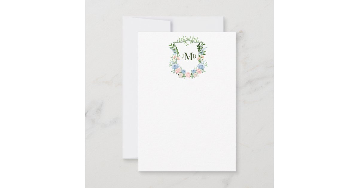 Dusty Blue Floral Crest Wedding Thank You Card | Zazzle
