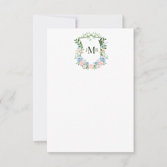 Dusty Blue Floral Crest Wedding Thank You Card (Front)