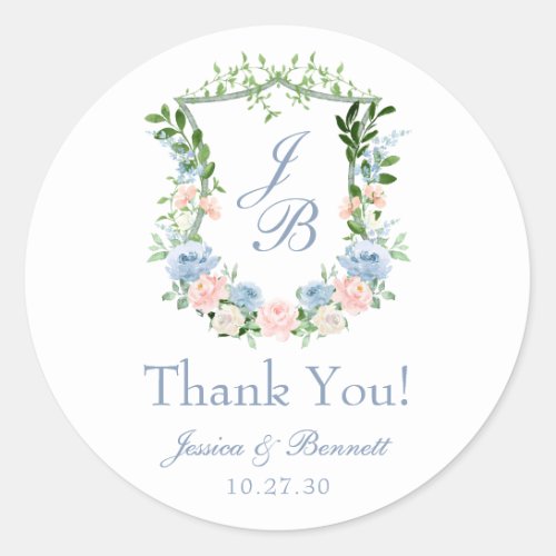 Dusty Blue Floral Crest Wedding Thank You Classic Round Sticker