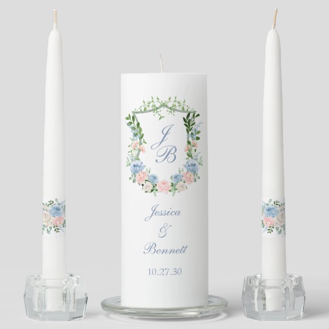 Dusty Blue Floral Crest Wedding Unity Candle (Front)