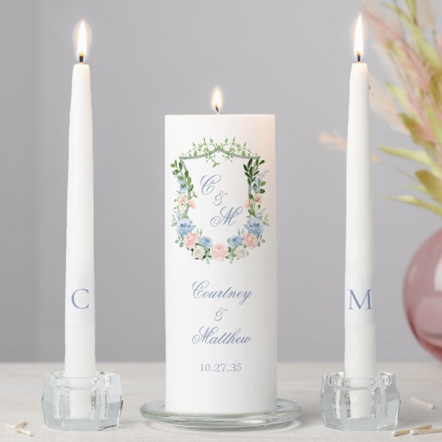 Dusty Blue Floral Crest Wedding Unity Candle Set (In Situ)