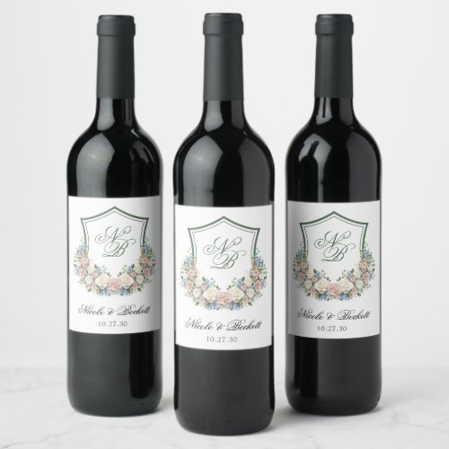 Dusty Blue Floral Crest Wedding Wine Label