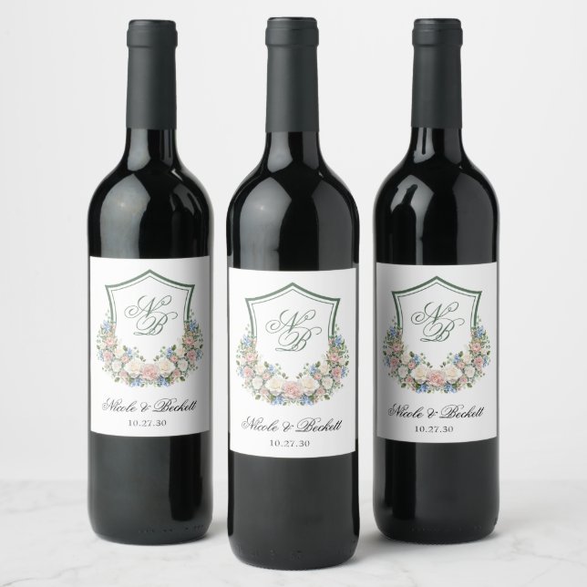 Dusty Blue Floral Crest Wedding Wine Label (Bottles)