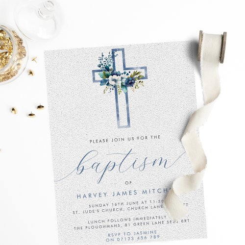 Dusty Blue Floral Cross Baby Baptism Invitation