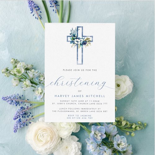 Dusty Blue Floral Cross Baby Christening Invitation