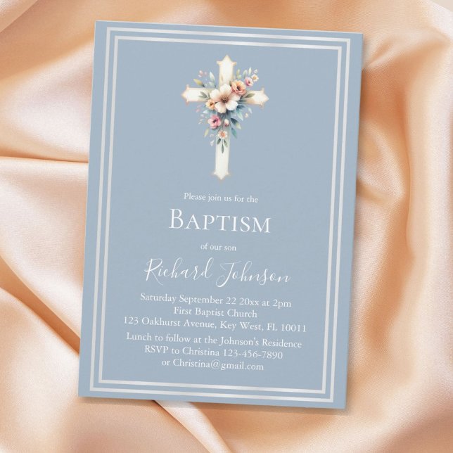Dusty Blue Floral Cross Baptism Invitation (Creator Uploaded)
