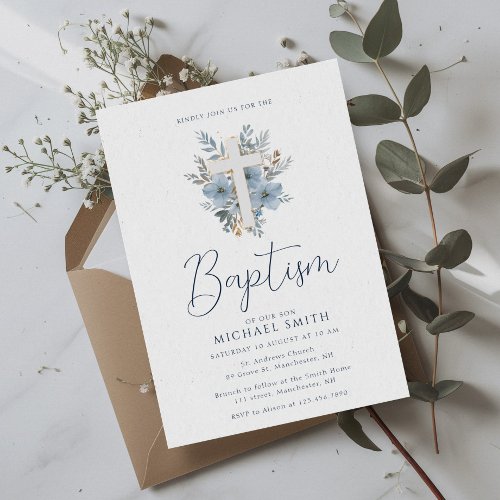 dusty blue floral cross baptism invitation