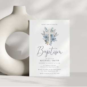 dusty blue floral cross baptism invitation