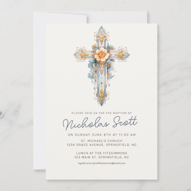 Dusty Blue Floral Cross Baptism Invitation (Front)