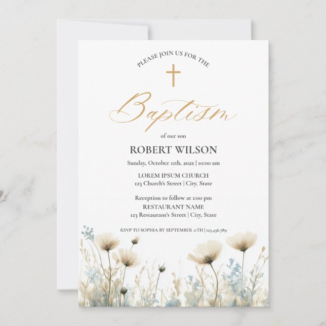 Dusty Blue Floral Cross Boy Christening Baptism Invitation (Front)