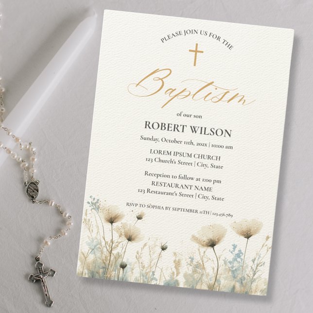 Dusty Blue Floral Cross Boy Christening Baptism Invitation (Creator Uploaded)