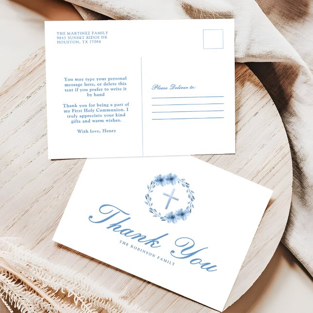 Dusty Blue Floral Cross Christian Thank You Postcard (Creator Uploaded)