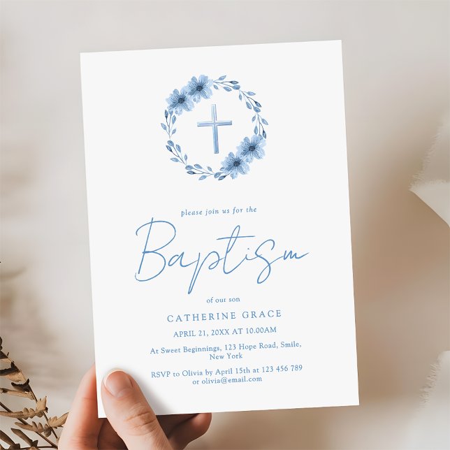 Dusty Blue Floral Cross Minimalist Baptism Invitation (Creator Uploaded)