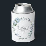 Dusty Blue Floral Custom 21st Birthday Custom Can Cooler<br><div class="desc">Very elegant can coolers for a 21st birthday party. A floral wreath features dusty blue peony and rose flowers nestled in blue eucalyptus leaves. The woman's name is written in a trendy script font. 21st Birthday and date follow. This 21st Birthday can cooler is part of the 21st Birthday Dusty...</div>
