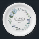 Dusty Blue Floral Custom 70th Birthday Custom Paper Plates<br><div class="desc">Very elegant paper plates for a 70th birthday party. A floral wreath features dusty blue peony and rose flowers nestled in blue eucalyptus leaves. The woman's name is written in a trendy script font. 70th Birthday and date follow. This 70th Birthday can cooler is part of the 70th Birthday Dusty...</div>