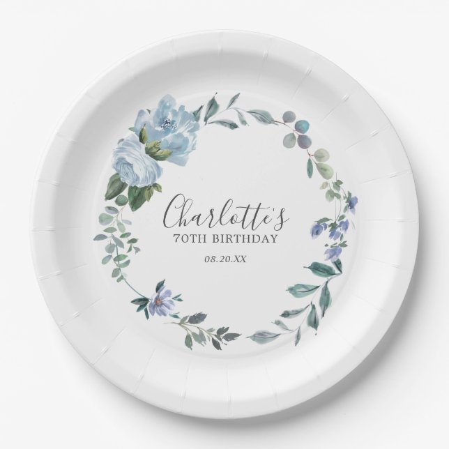  Dusty Blue Floral Custom 70th Birthday Custom Paper Plates (Front)