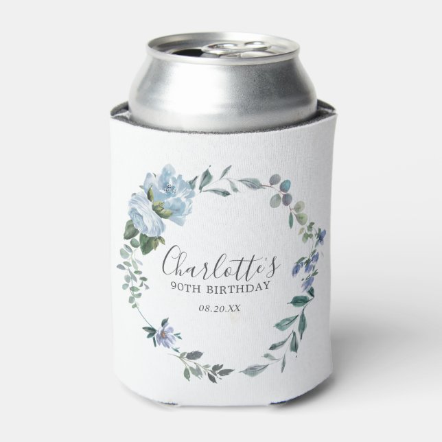  Dusty Blue Floral Custom 90th Birthday Custom Can Cooler (Can Front)