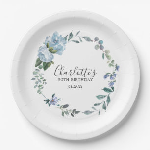 Dusty Blue Floral Custom 90th Birthday Custom Paper Plates