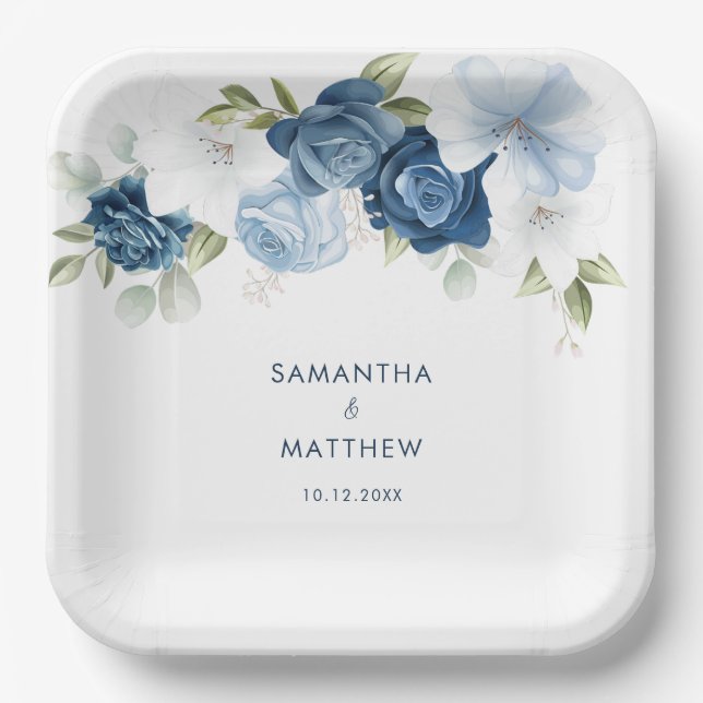 Dusty Blue Floral Custom Wedding Paper Plates (Front)