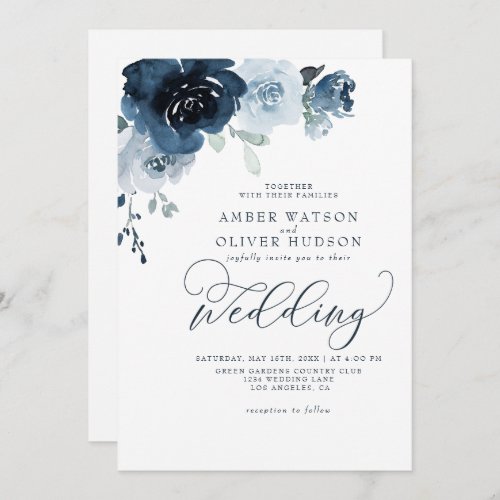 Dusty Blue Floral Dark Navy Pastel Boho Wedding Invitation