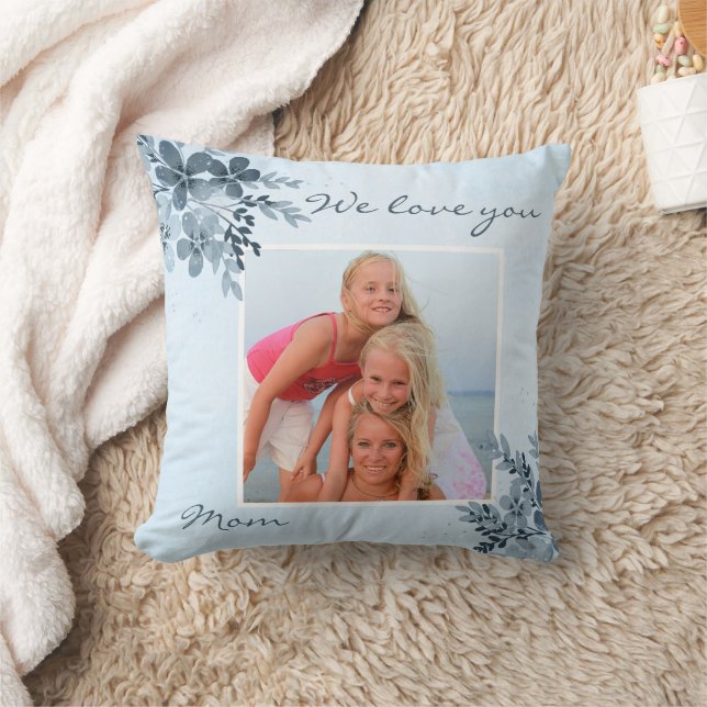 Dusty Blue Floral Design Mom Photo Pillow (Blanket)