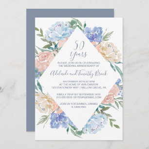 Dusty Blue Floral Diamond 50th Wedding Anniversary Invitation