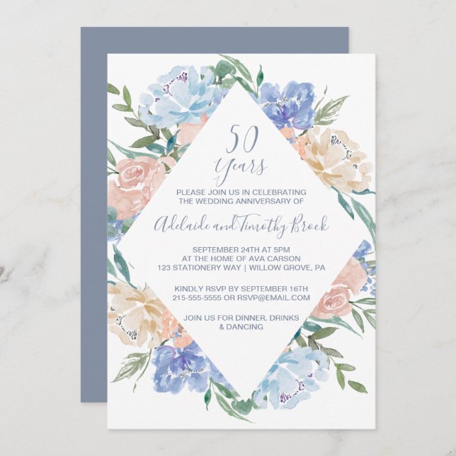 Dusty Blue Floral Diamond 50th Wedding Anniversary Invitation (Front/Back)