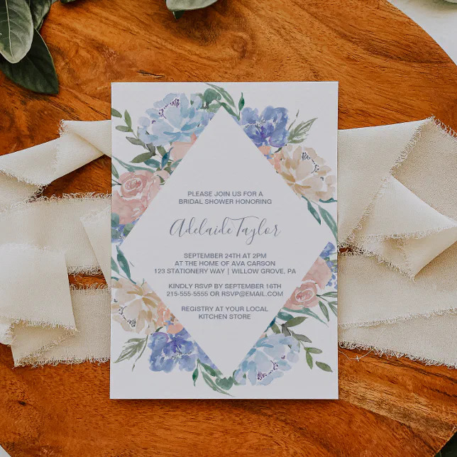 Dusty Blue Floral Diamond Bridal Shower Invitation Zazzle