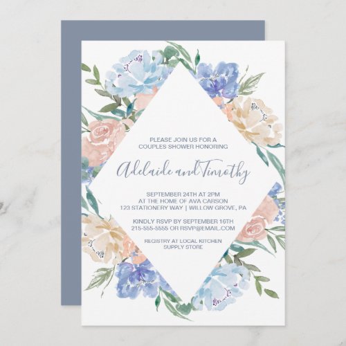 Dusty Blue Floral Diamond Couples Shower Invitation