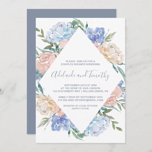 Dusty Blue Floral Diamond Couples Shower Invitation (Front/Back)