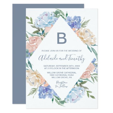 Dusty Blue Floral Diamond Monogram The Wedding Of Invitation