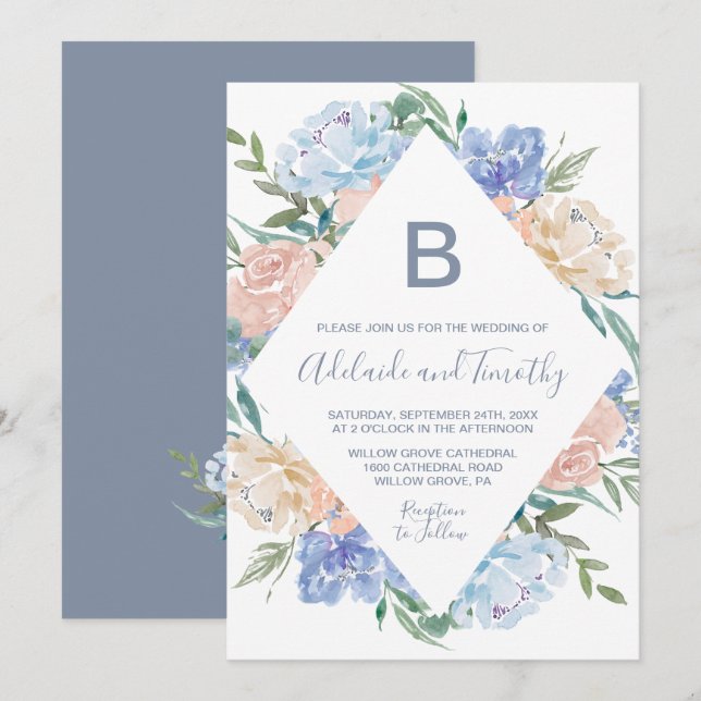 Dusty Blue Floral Diamond Monogram The Wedding Of Invitation (Front/Back)