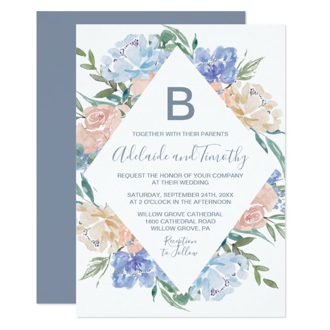 Dusty Blue Floral Diamond Monogram Wedding Invitation