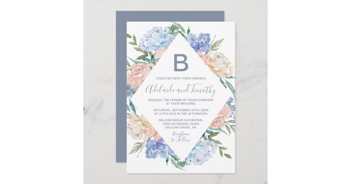 Wedding Invitation, Blue, Red, Silver Floral, Monogram