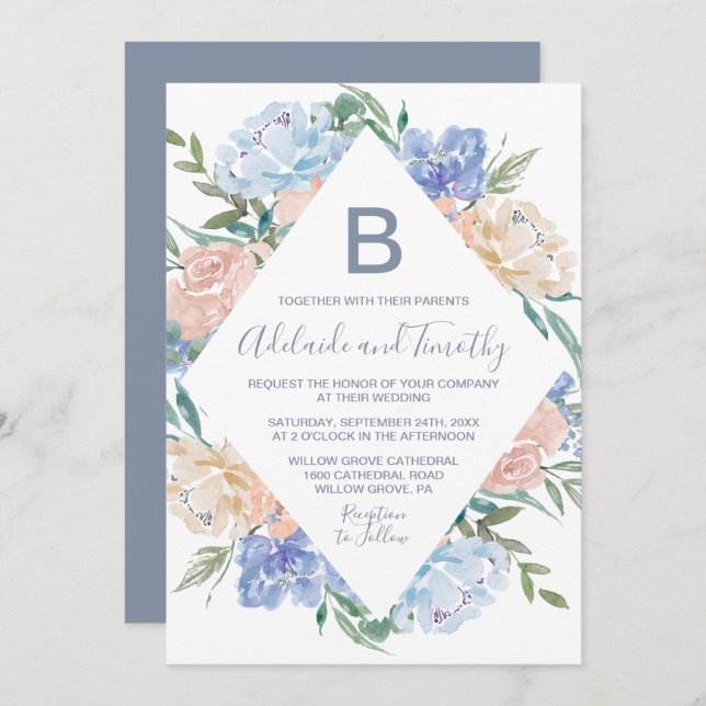 Dusty Blue Floral Diamond Monogram Wedding Invitation (Front/Back)