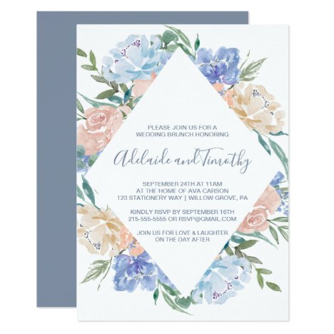Dusty Blue Floral Diamond Wedding Brunch Invitation