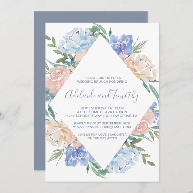 Dusty Blue Floral Diamond Wedding Brunch Invitation (Front/Back)