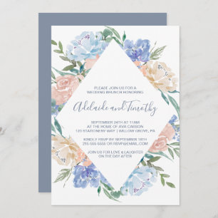 Dusty Blue Floral Diamond Wedding Brunch Invitation