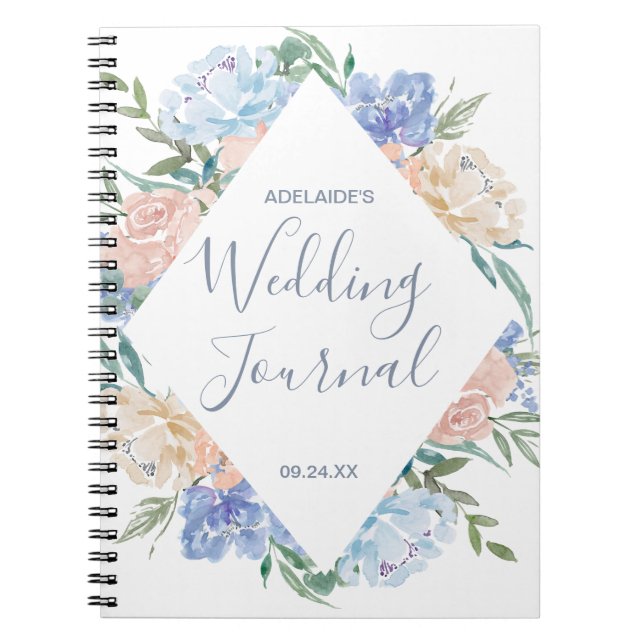 Dusty Blue Floral Diamond Wedding Planner Notebook (Front)