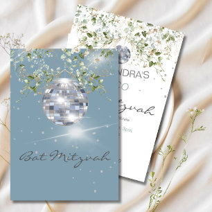 Dusty Blue Floral Disco Ball Bat Mitzvah Invitation