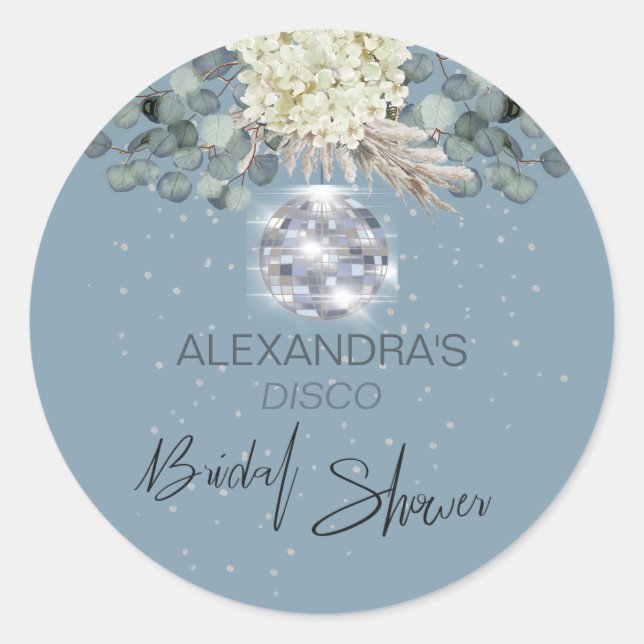 Dusty Blue Floral Disco Ball Bridal Shower Classic Round Sticker (Front)